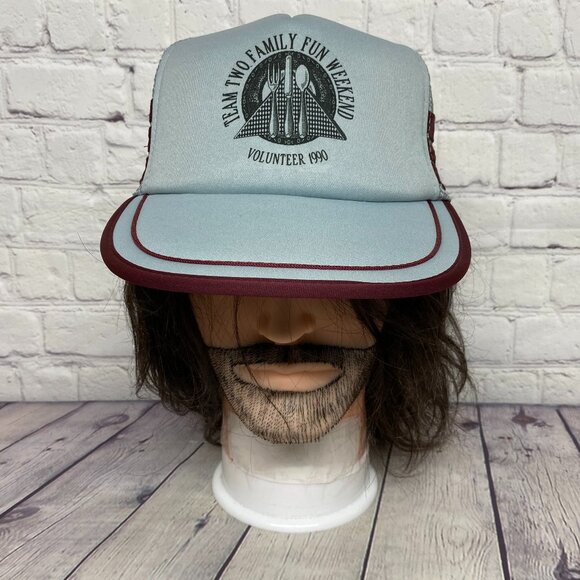 Vintage Trucker hat Mesh Cap Snapback Gray Maroon 3 Stripes Team Two Family 1990 - Picture 1 of 8